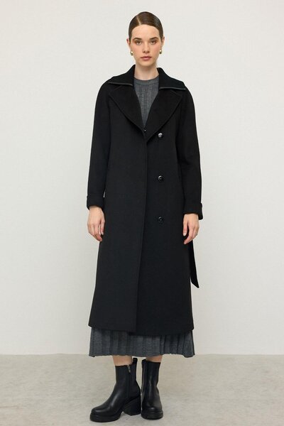 Olcay Knitwear Collared Raglan Sleeve Cashmere Coat Black 3099