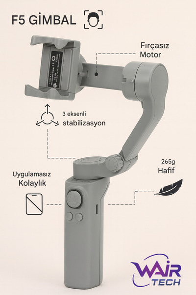 Wair Teknoloji Akıllı Telefon Gimbal Sabitleyici, F5 3 Eksenli Telefon Sabitleyici Katlanabilir El Gimbal, Tripodlu