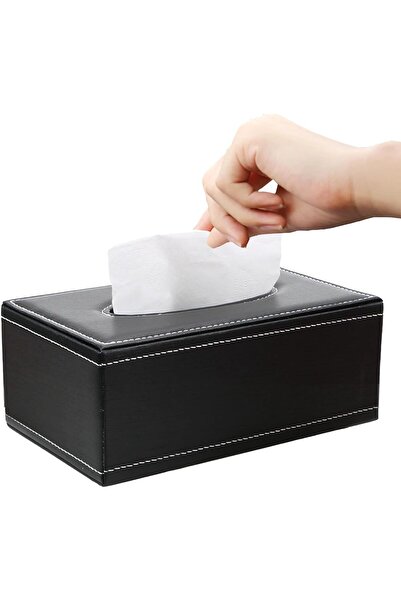 HavenPlus حامل علبة مناديل مستطيل من الجلد الصناعي مع زر مغناطيسي، أسود
