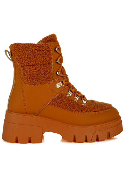 london Rag Women Tan Faux Fur Detail Chunky Hiker Boots