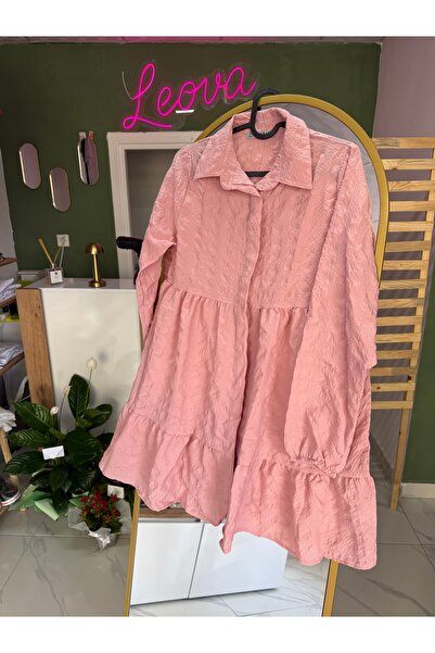 Leova Pembe Altı Fırfırlı Kolu Lastikli Gofre Tunik