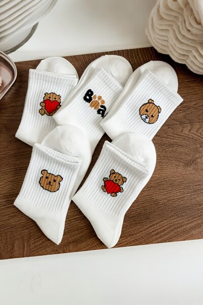 Hitit Socks Women's 5 Pairs Premium Quality White Colored Teddy Bear and Heart Patterned Short Socks