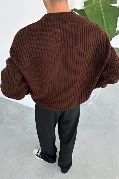 HAFKAGİYİM Brown Crew Neck Ribbed Oversize Knit Sweater