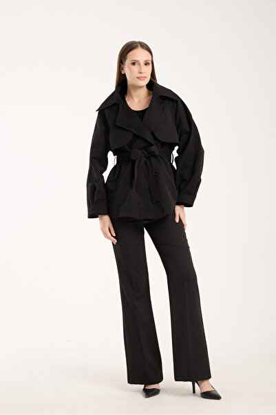MODAMERSİ Kadın Siyah Aller Detaylı Astarlı Kısa Trençkot