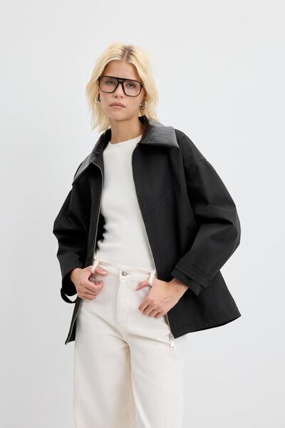 KADRİYE BAŞTÜRK Δερμάτινο μπουφάν με φερμουάρ μαύρο