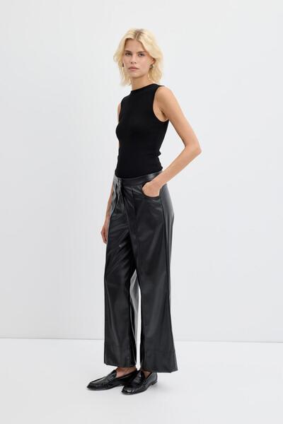 KADRİYE BAŞTÜRK High Waist Ribbed Stitching Leather Pants Black