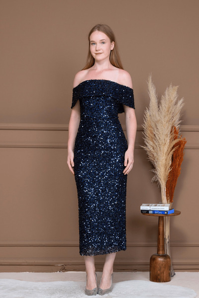 BEYBOS Φόρεμα με μολύβι με λαιμόκοψη από ύφασμα παγιέτα - ΣΚΟΥΡΟ ΜΠΛΕ