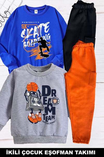 twins tailors Basketball Playing Robot Printed Inner Lined 2-Piece Pack Unisex Grey-Sax Blue Children's Tracksuit Set