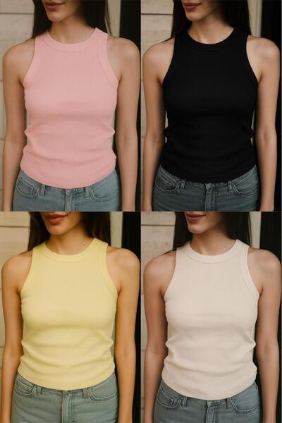 Patreon Women's Halter Neck 4-Pack Cotton Black, Yellow, Cream, Salmon Ribbed Tank Top