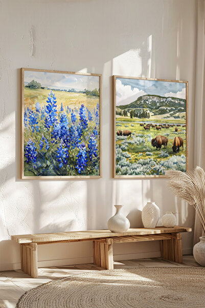 STARYUNA Wooden Framed Blue Floral Watercolor Effect Animal Landscape Double Painting Set Yuna421