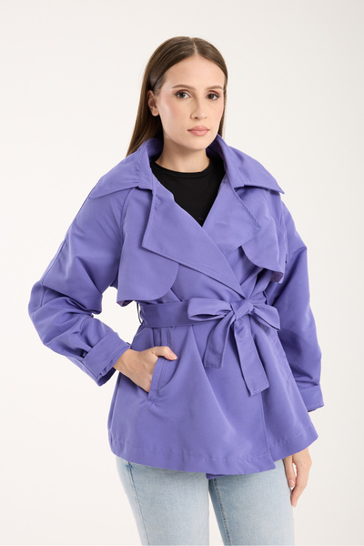 MODAMERSİ Women's Lilac Aller Detailed Lined Short Trench Coat