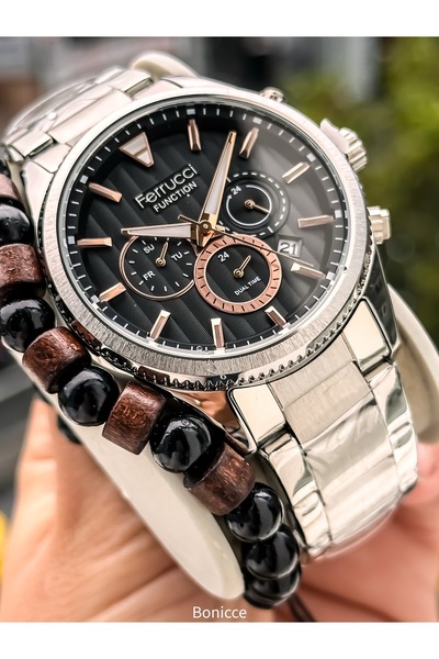Ferrucci Men's Wristwatch, with Calendar, Functions Active, Silver Steel Band, with Bracelet Gift