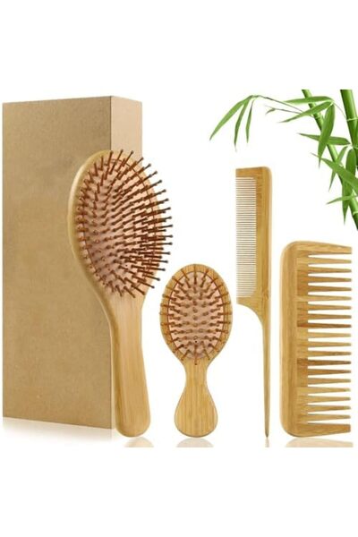 JOYZZZ Hair Brush Set, 4 Pcs Bamboo Wooden Comb & Detangling Brush for Women, Men & Kids