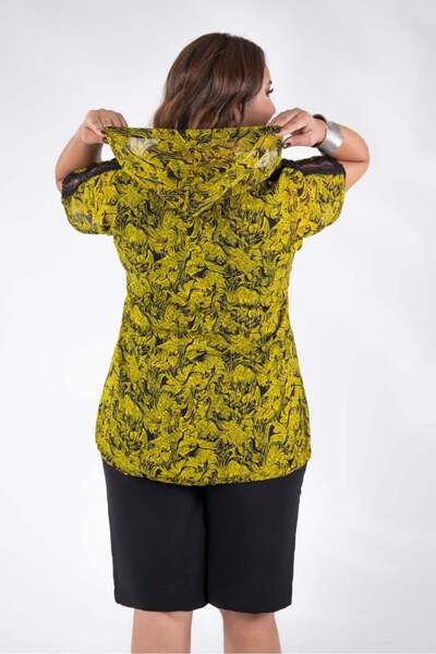 Roxxlen 8018 Δαντελένια μπλούζα με διχτυωτό πλέγμα Γυναικεία μπλούζα με διχτυωτό πλέγμα μεγάλου μεγέθους κίτρινο