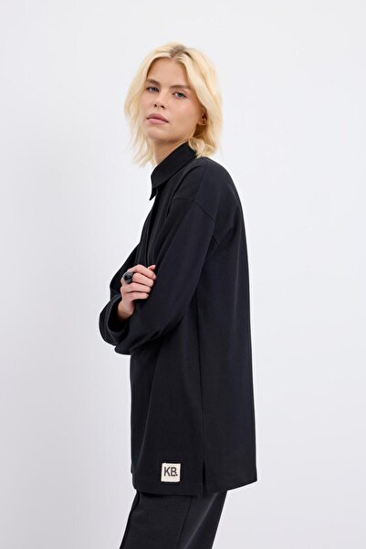 KADRİYE BAŞTÜRK Hanorac cu guler polo cu fante laterale negru