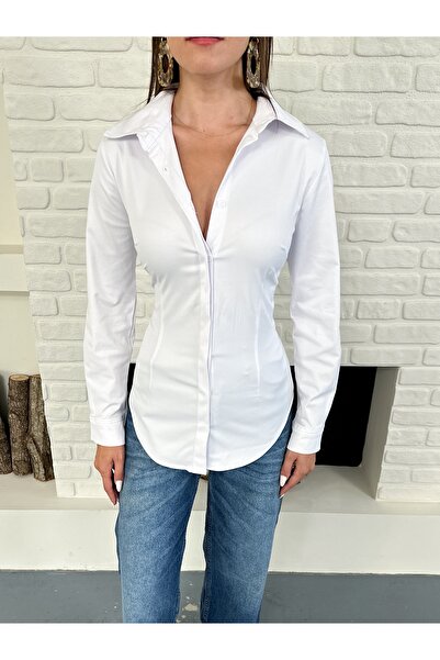 Femistik Cămașă de damă din lycra albă Karol Slim Fit din viscoză