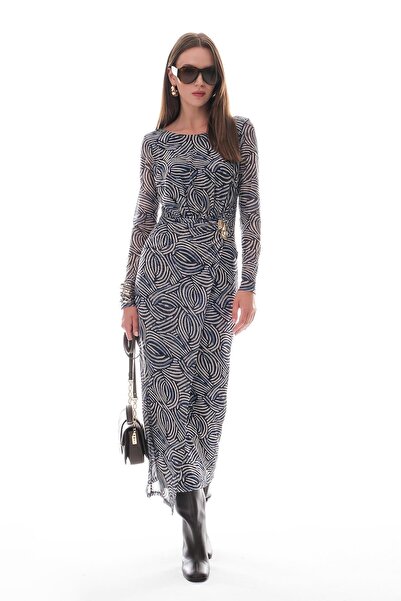 EXPLOSION Desenli Tül Gold Tokalı Midi Elbise