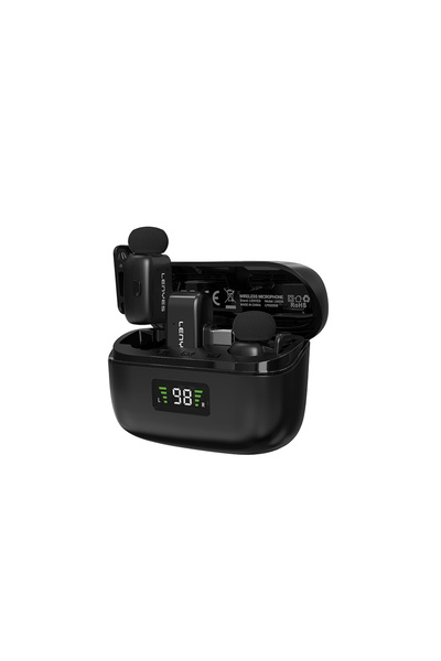 Lenyes LM206 Dijital LED Göstergeli Type-C Portlu Kablosuz Yaka Mikrofonu Siyah