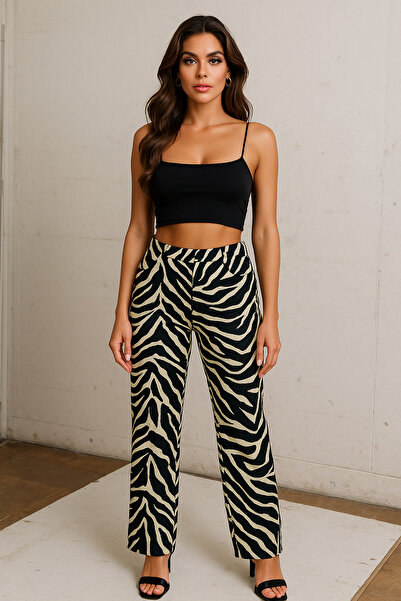 Ramior Black Beige Zebra Patterned High Waist Women's Trousers