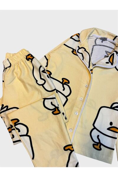 tusem butik homewear Erkek Çocuk Pamuklu Süet Kumaş Sarı Civciv Desenli Uzun Kollu Gömlek Yaka Düğmeli Pijama Takımı