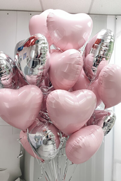 Baloncu Nene Pembe ve Gümüş Kalpli Folyo Balon Helyum 10 Adet Kalp Sevgili Süpriz Süs Doğum Günü Evlilik Teklifi