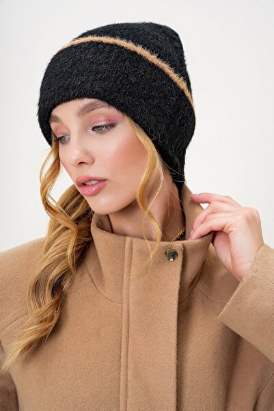 VAGGON Women's Black Stripe Detailed Furry Knitwear Beanie Prmx13257