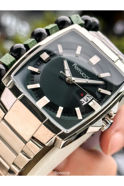 Ferrucci Takvimli Erkek Kol Saati, Yeşil Gümüş Çelik Kordon, Bileklik Hediyeli
