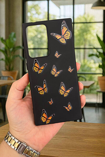 Vip Case SM Galaxy Note 20 Ultra Turuncu Kelebek Desenli Silikon Darbe Emici Klasik Korumalı Rubber Kılıf