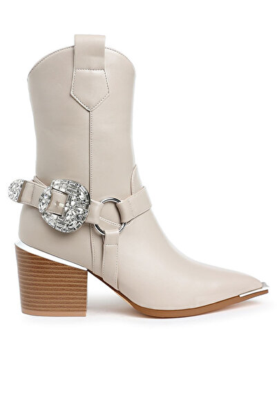 london Rag Women Diamante Embellished Pin Buckle Boots in Beige
