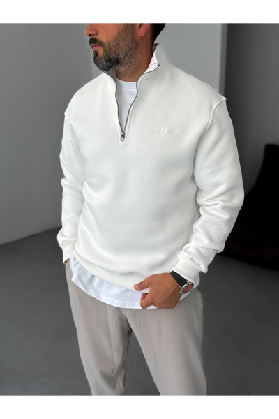 BYBASICMAN Hanorac alb cu broderie cu jumătate de fermoar PM-135