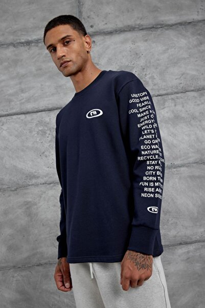 NOMARC Синій светр з довгими рукавами та детальним написом Oversize Sweatshirt