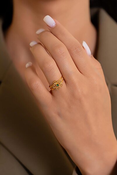 Bayar Gold 14 Ayar Altın Yeşil Taşlı Papatya Yüzük