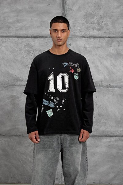 NOMARC Hanorac negru numărul cu imprimeu cu design cu mâneci supradimensionate