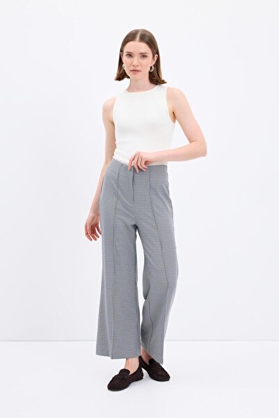 KADRİYE BAŞTÜRK High Waist Fit Cut Plaid Patterned Trousers Navy Blue