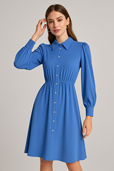 Rich Γυναικείο φόρεμα με μακρυμάνικο μίντι πουκάμισο με μπλε κουμπιά