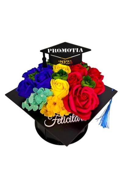 velve Graduation floral arrangement, in a toca box, with soap flowers, 20x20x23cm, Tricolor