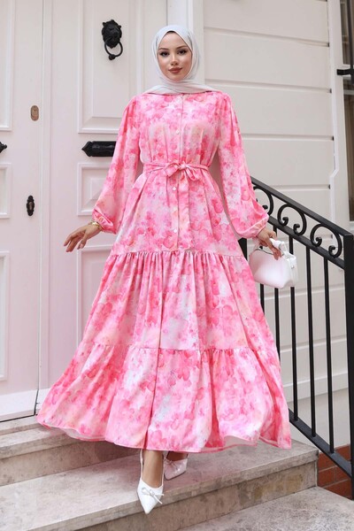 Bigdart Kadın Desenli Uzun Tesettür Elbise 2586 - Y.Pembe