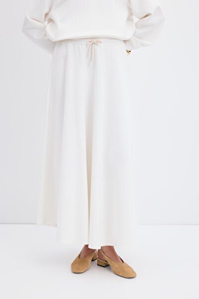 KADRİYE BAŞTÜRK Yüksek Bel Bağcıklı Geniş Form Kloş Etek Ekru