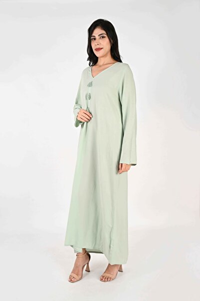 LINELLE جلابية نسائية - قاعدة رمادية مع رقبة على شكل حرف V وتفاصيل شرابة