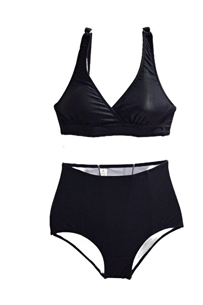 TooHot Women's Ribbed Black High Waist Triangle Strap Bikini Set