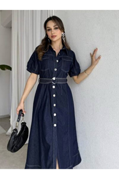 Klex Kadın Denim Elbise – Kemerli, Düğmeli, Kısa Kol, Günlük ve Şık Midi Jean...