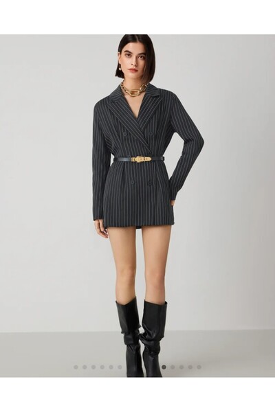 ARDSU CIDER Kemerli Çizgili Çentikli Yaka Blazer Ceket