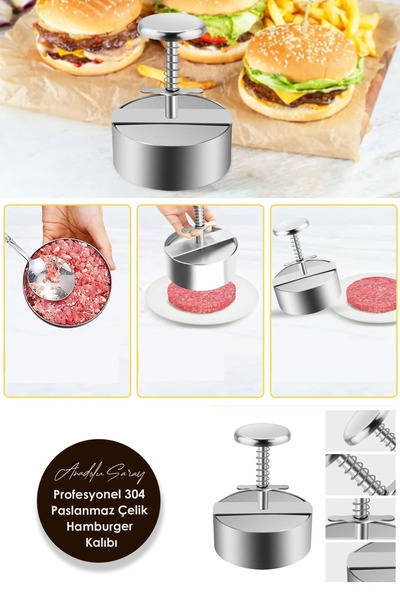 Anadolu Saray Profesyonel 304 Paslanmaz Çelik Hamburger Presi – 12 cm Profesyonel Burger Hamburger Köfte Kalıbı
