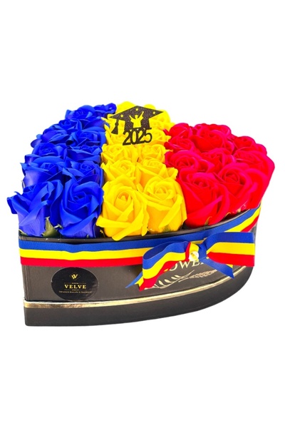 velve Aranjament floral Tricolor, cu 31 trandafiri din sapun, cu mini topper Absolvent 2025