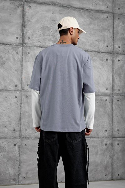 NOMARC Erkek Mavi Goodvision Baskılı Oversize Kolu Parçalı Tasarım Sweatshirt