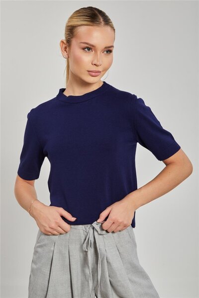 BARRELS AND OIL Short Sleeve Knit Blouse - Navy Blue