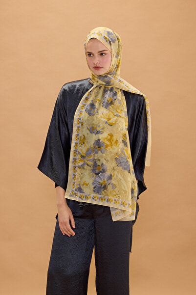 cs camellia scarf Σάλι Μεταξωτό Κρεπ Φλωρεντίας - Κίτρινο Γκρι