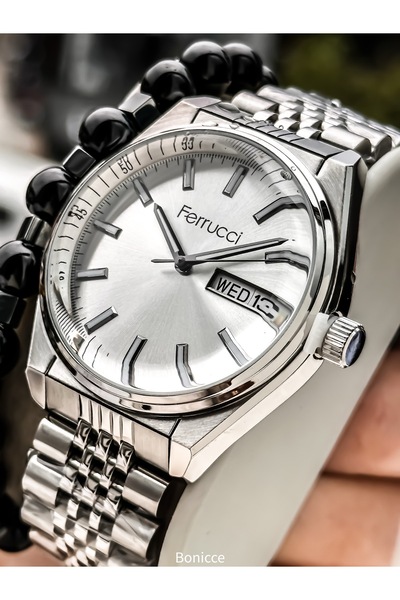 Ferrucci Men's Wristwatch, with Calendar, Functions Active, Silver Steel Band, with Bracelet Gift