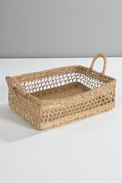 oceanpoint Doğal Rattan Dikdörtgen Sepet, El Yapımı, Çift Kulplu, Açık Örgü Ç...