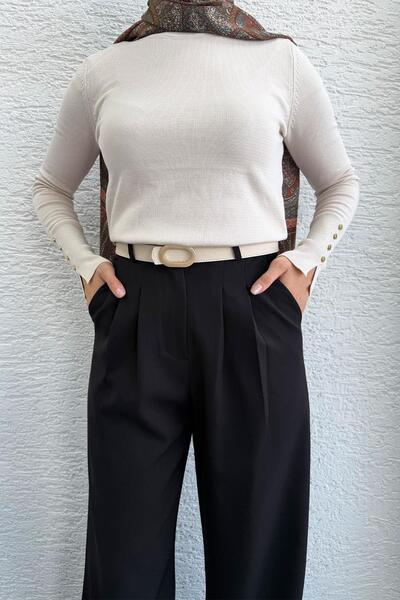 MELEK ARAZ Pantaloni Palazzo pentru femei cu detaliu pliat în față - Negru